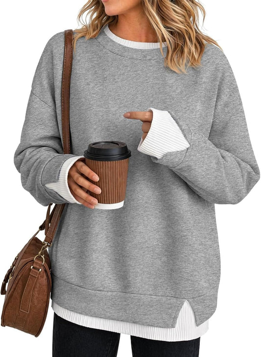 Women's Fake Two Piece Layered Sweatshirt Patchwork Oversized Pullover Top