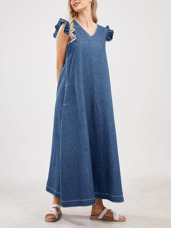 Women's Denim Flutter Sleeve V-Neck Maxi Dress
