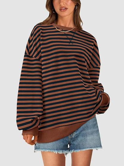 Limited time sale🔥Womens Striped Oversized Sweatshirt Color Block Long Sleeve Top