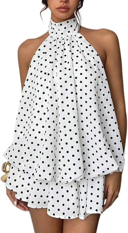 Women's Backless Halter Mini Dress With Chiffon Built In Shorts