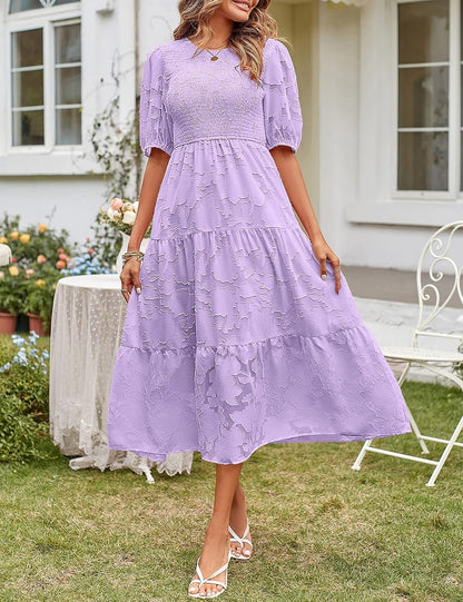 ✨Women's Puff Sleeve Floral Dress Flowy Tiered Midi Dresses