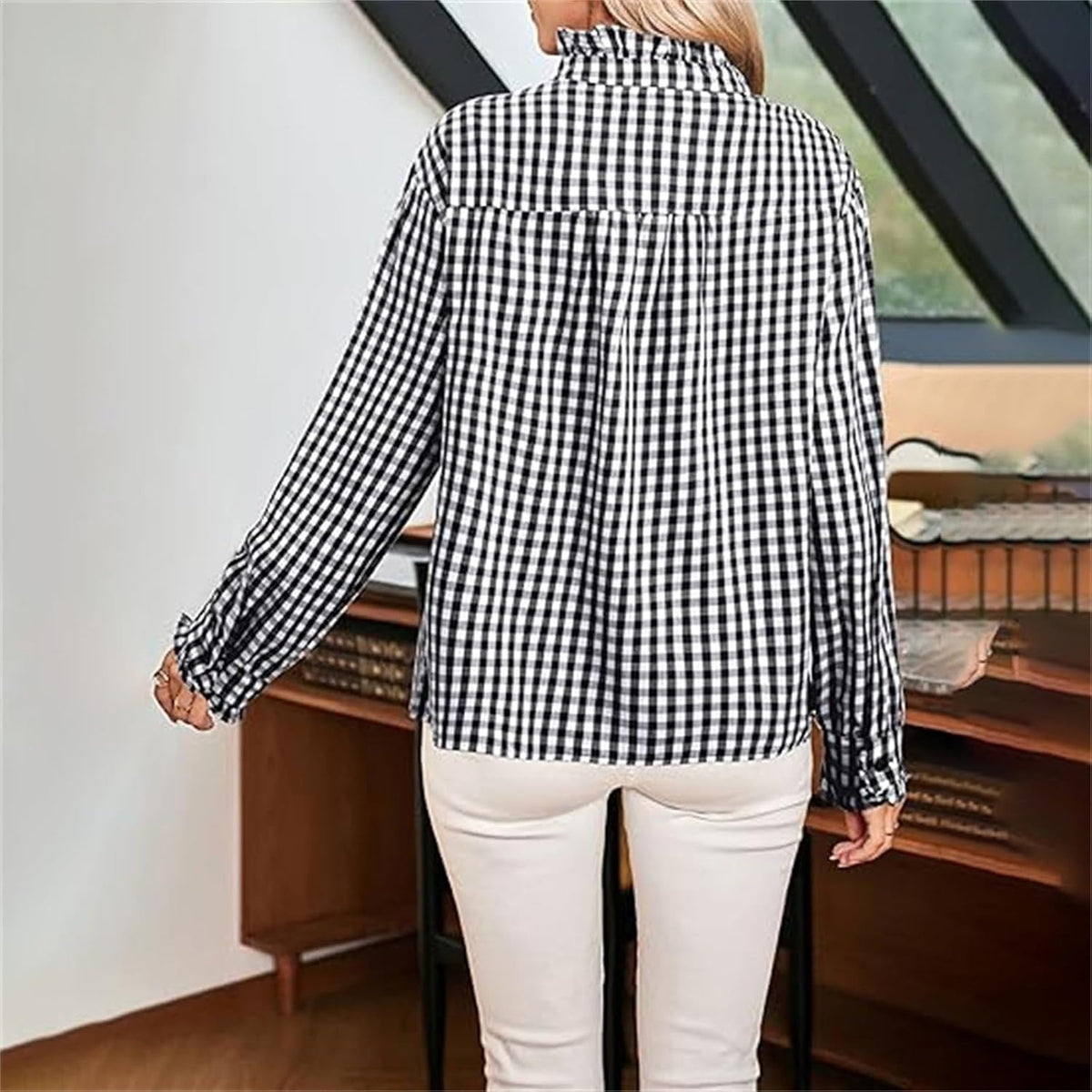 Women's Button Up Gingham Shirts Ruffle Collar Long Sleeve Plaid  Tops