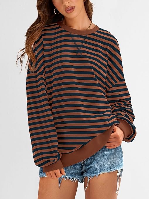 Limited time sale🔥Womens Striped Oversized Sweatshirt Color Block Long Sleeve Top
