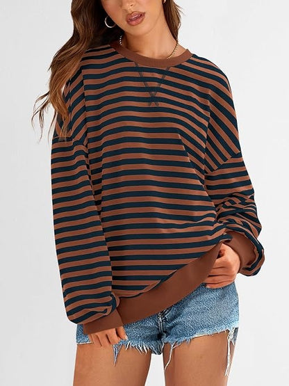 Limited time sale🔥Womens Striped Oversized Sweatshirt Color Block Long Sleeve Top