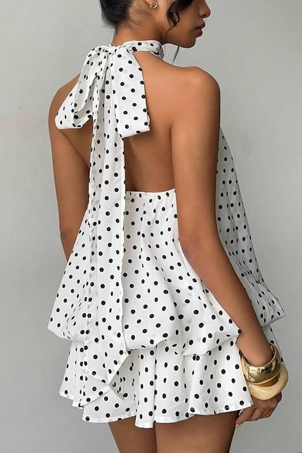Women's Backless Halter Mini Dress With Chiffon Built In Shorts