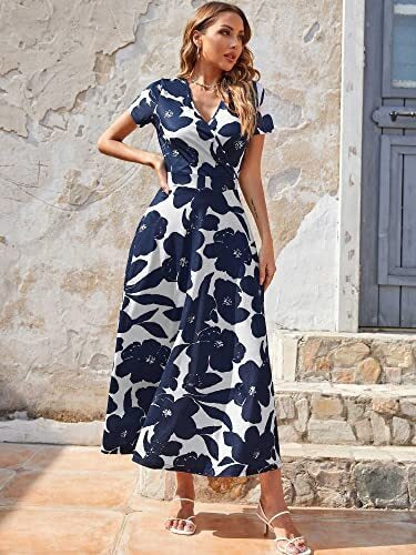 Women Short Sleeve V Neck Floral Wrap Maxi Dress