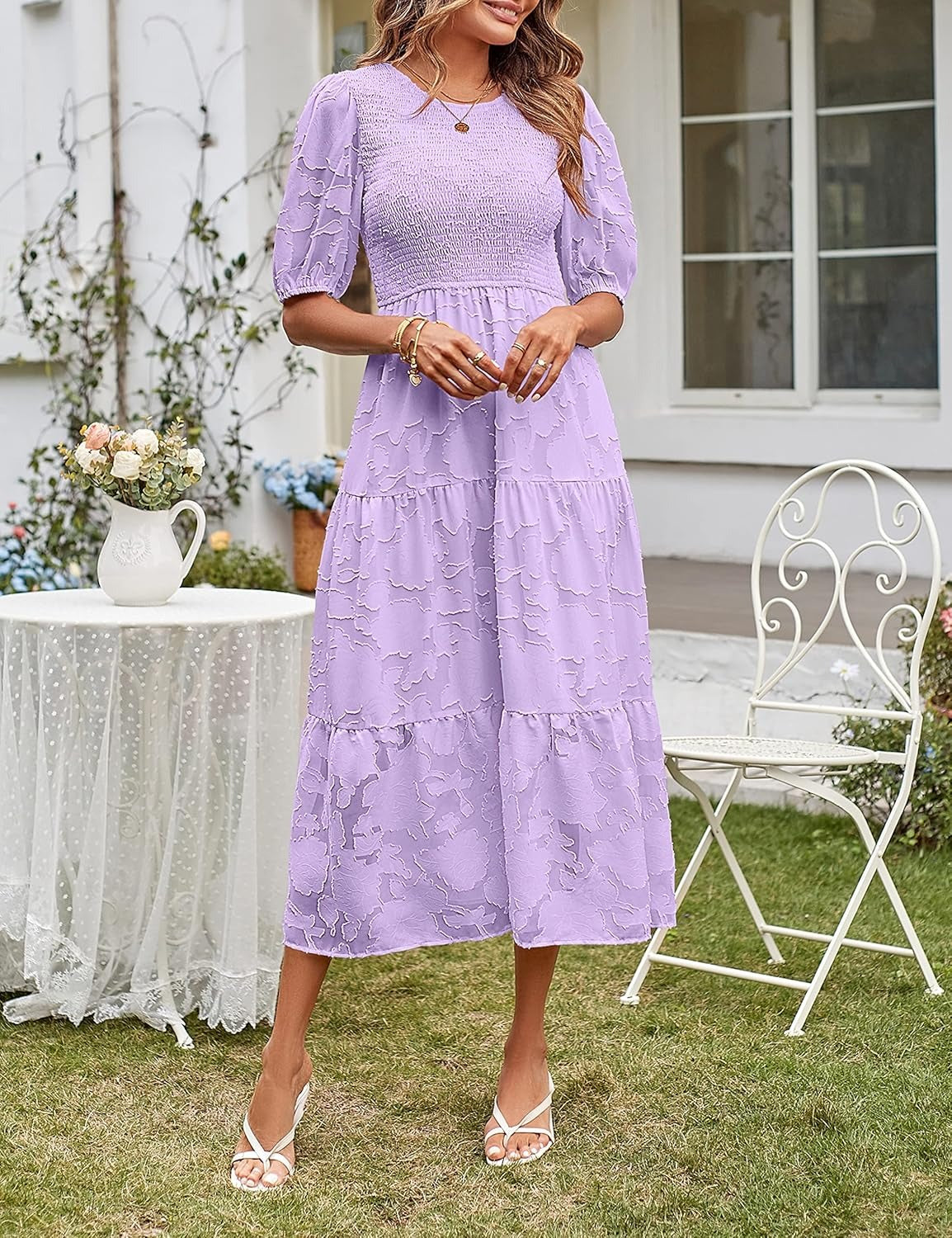 ✨Women's Puff Sleeve Floral Dress Flowy Tiered Midi Dresses