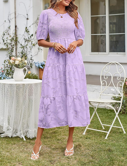 ✨Women's Puff Sleeve Floral Dress Flowy Tiered Midi Dresses