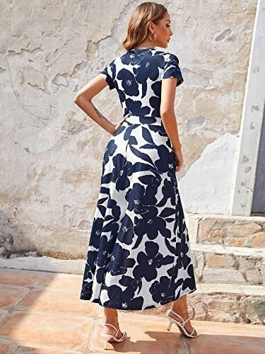 Women Short Sleeve V Neck Floral Wrap Maxi Dress