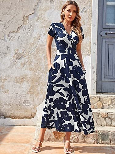 Women Short Sleeve V Neck Floral Wrap Maxi Dress