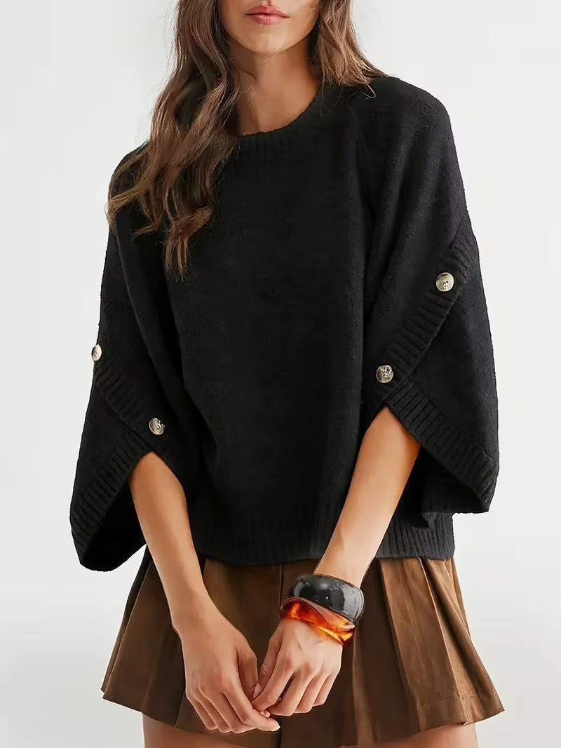 Women's Button Decor Batwing Sleeve Knit Sweater Crew Neck Loose Pullover Top