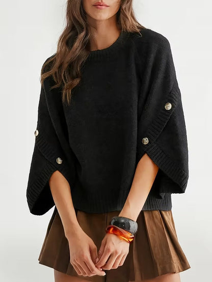 Women's Button Decor Batwing Sleeve Knit Sweater Crew Neck Loose Pullover Top