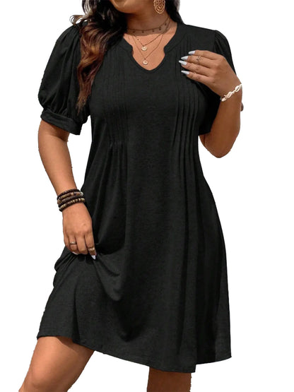 V‑Neck Bubble Sleeve Dress &Solid Color Loose A‑Line Mini Dress
