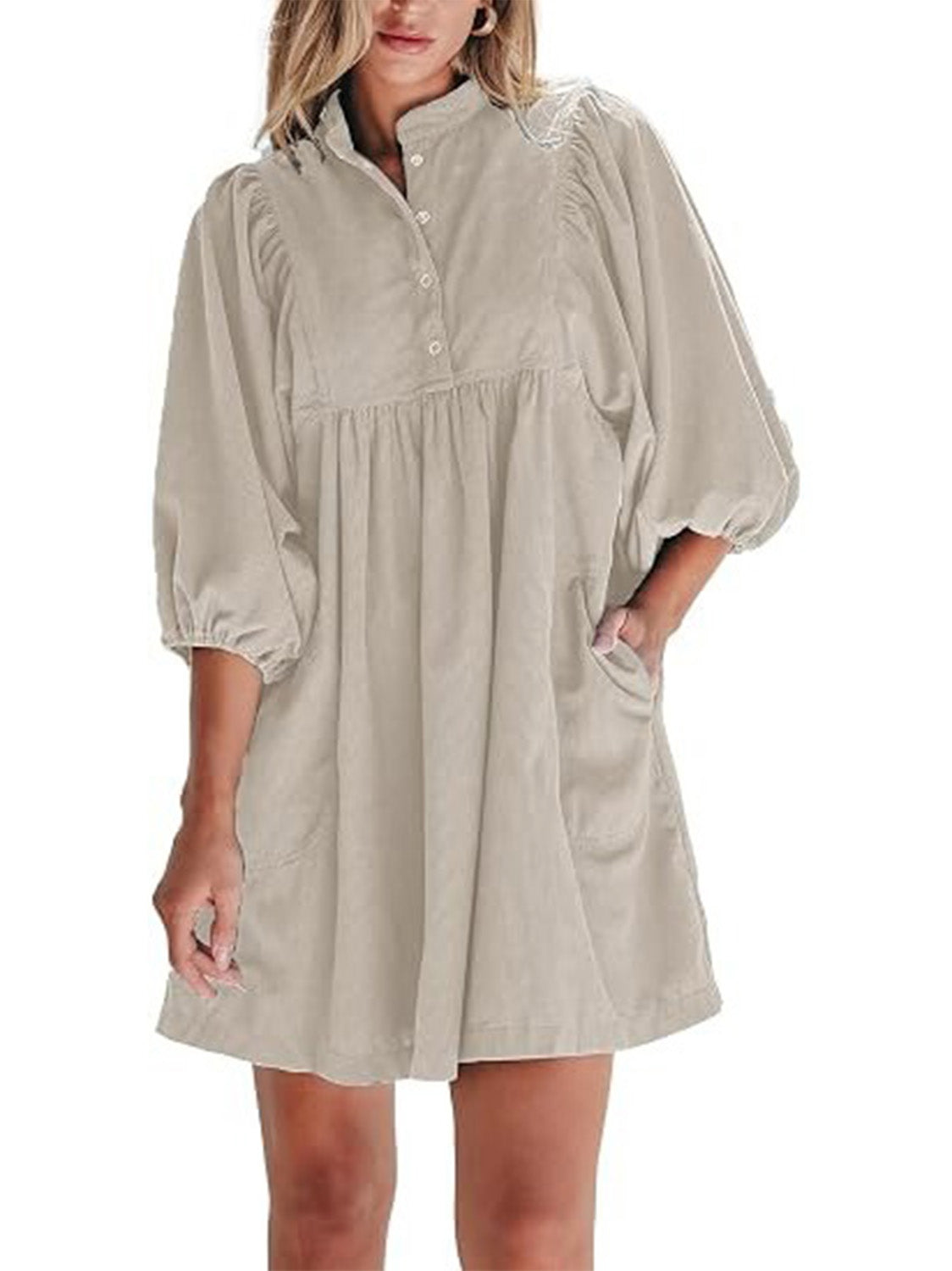 Women Stand Collar Snap Button Empire Waist Mini Dress Bracelet Puff Sleeve With Pockets