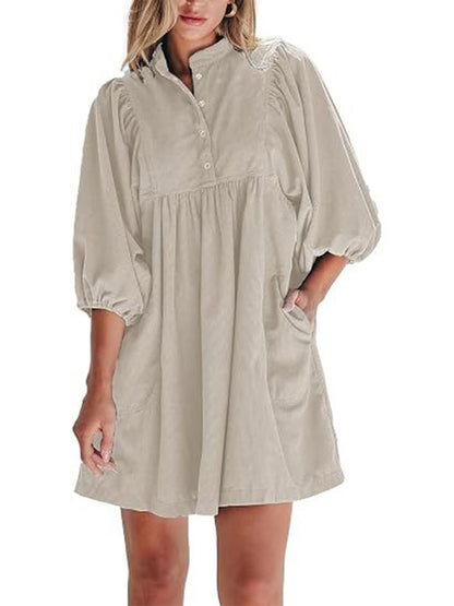 Women Stand Collar Snap Button Empire Waist Mini Dress Bracelet Puff Sleeve With Pockets