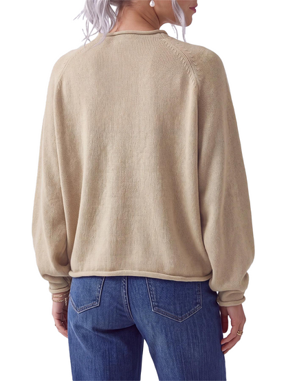 Fish Intarsia Knit Sweater Roll Edge Mock Neck Lantern Long Sleeve Loose Pullover