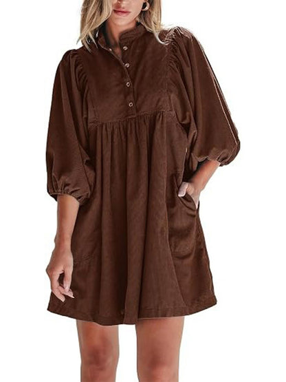 Women Stand Collar Snap Button Empire Waist Mini Dress Bracelet Puff Sleeve With Pockets