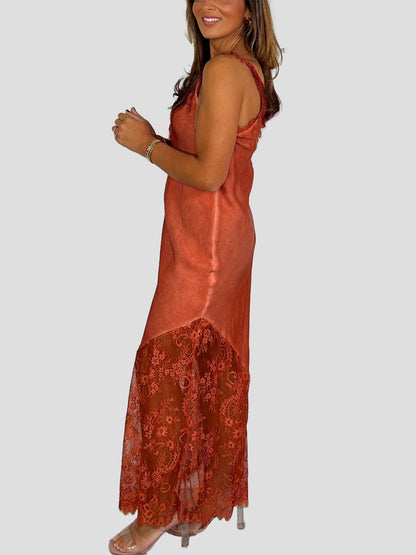 V-Neck Lace Trim Maxi Dress