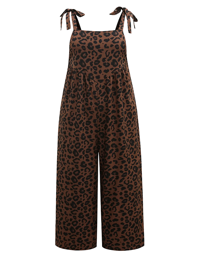 Casual Loose Fit Leopard Overalls Lightweight Wide Leg Jumpsuit With Pockets
