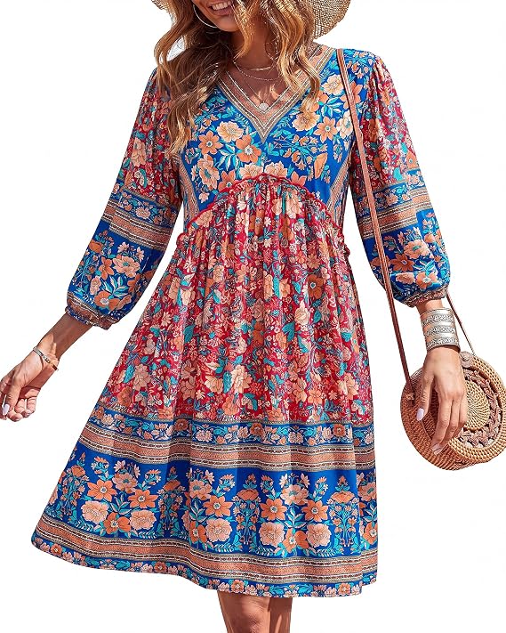 Women V Neck Ruffle Floral Flowy Boho Babydoll Dress