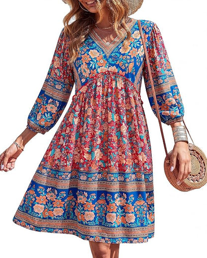 Women V Neck Ruffle Floral Flowy Boho Babydoll Dress