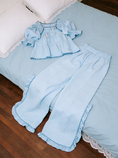 Women's Plaid Ruffle Puff Sleeve Pajamas Set