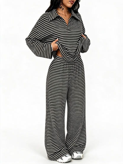 Women Striped V‑Neck Two‑Piece Casual Set