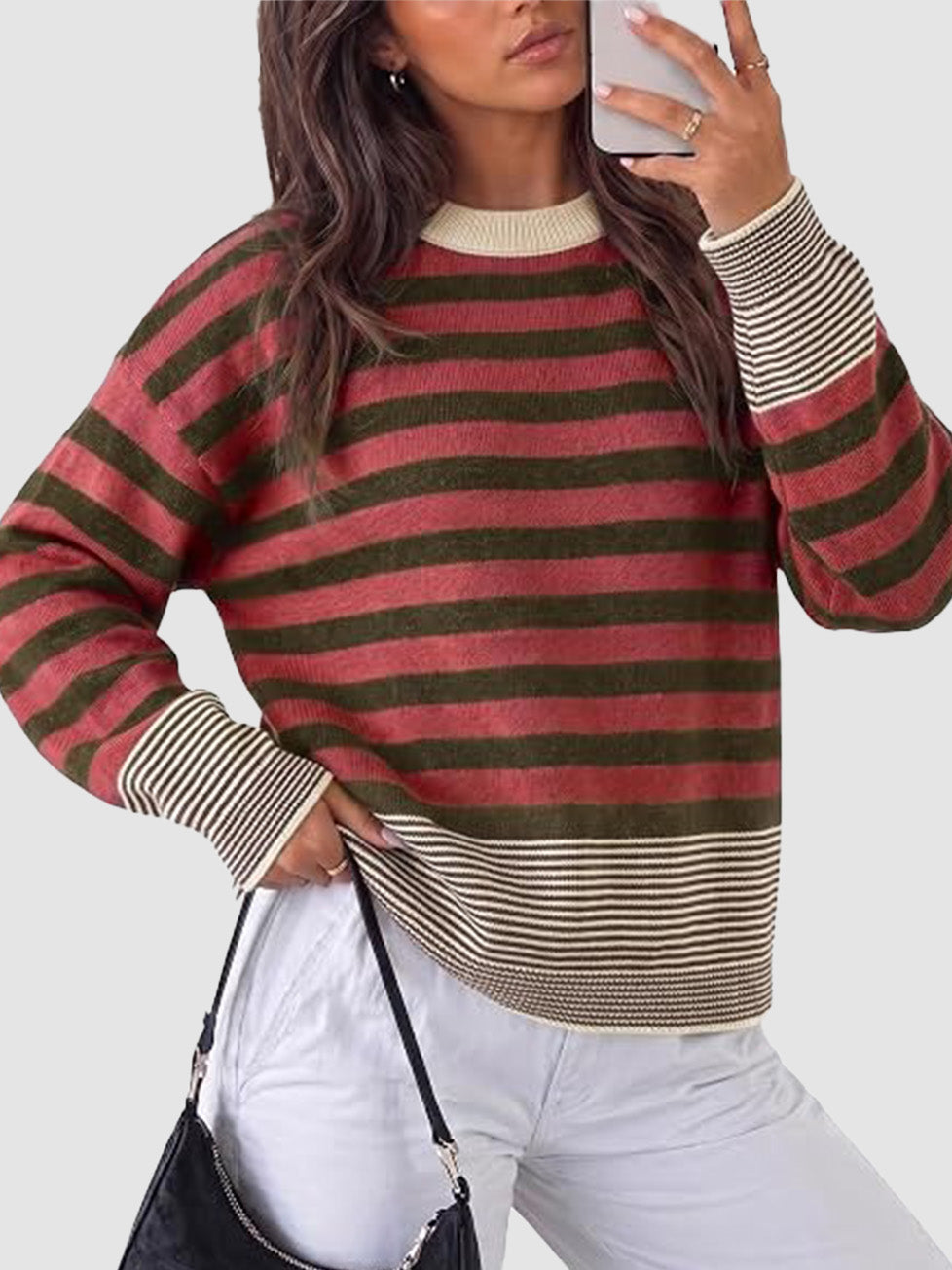 Women Retro Minimalist Striped Oversized Crew Neck Pullover Top
