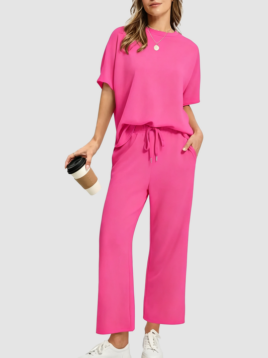 Loose Short Sleeve Top & High Waist Wide Leg Pants 2-Piece Summer Matching Set
