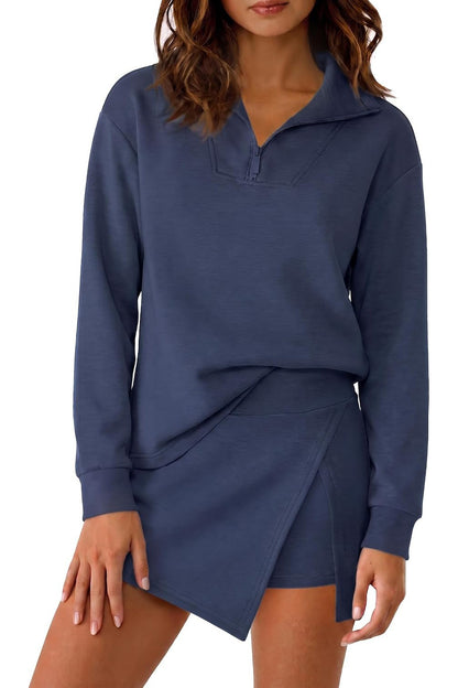 Women's Half Zip Long‑Sleeve Top & Wrap Skort 2 Piece Casual Set