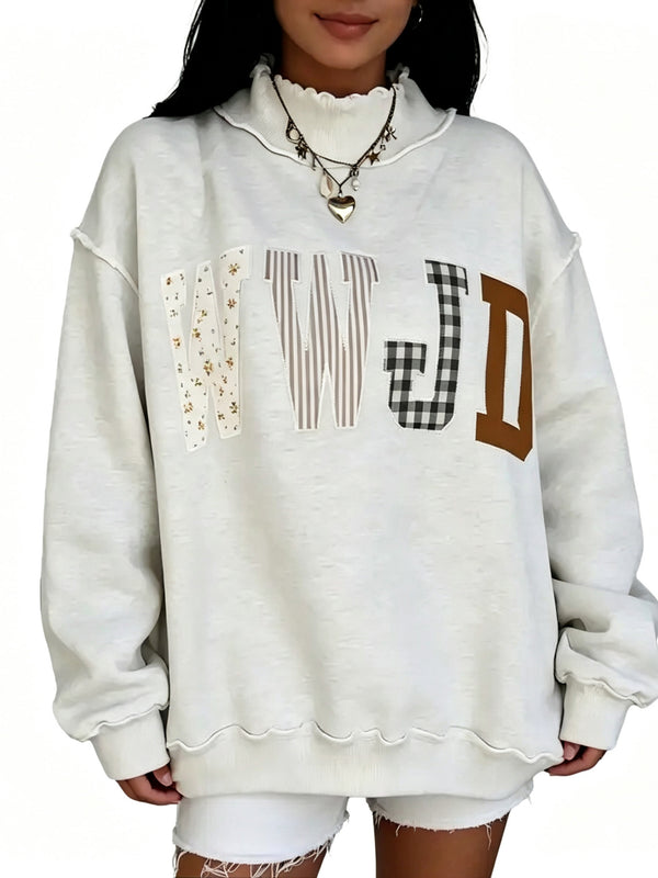 Women Mock Neck Applique Letter Pullover Sweatshirt
