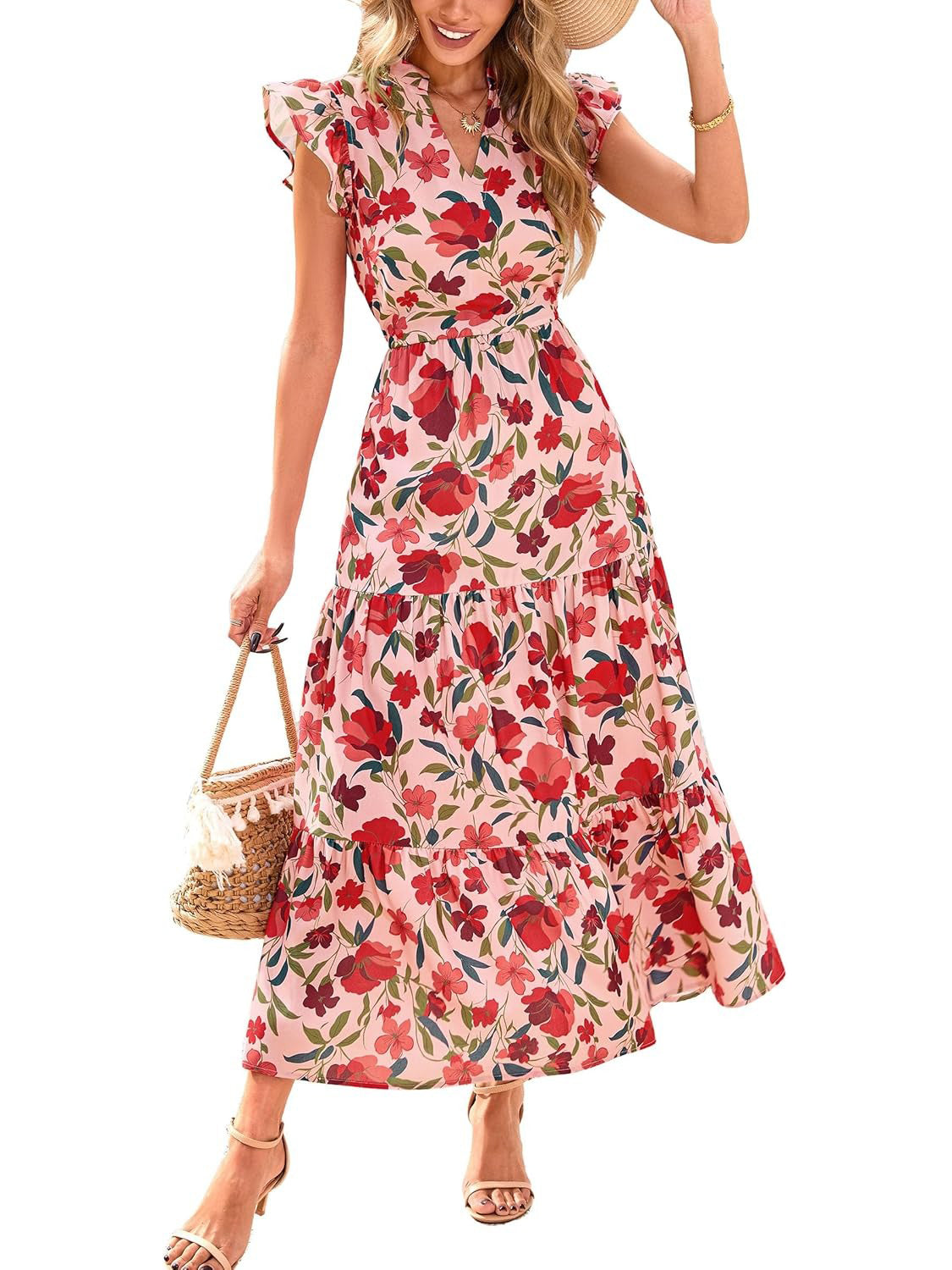 ⏰Hot Sale-Women's Boho Print V Neck Ruffle Maxi Dress