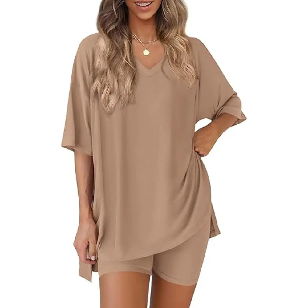 Buttery Soft Lounge Set for Women – Oversized V-Neck Tee & Matching Shorts