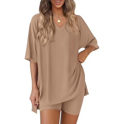Buttery Soft Lounge Set for Women – Oversized V-Neck Tee & Matching Shorts