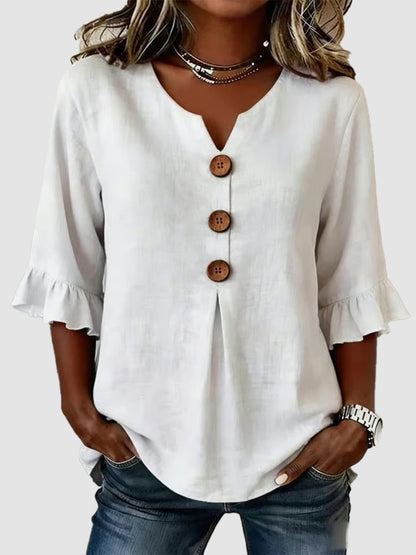 Women's V-Neck Wood Button Ruffle Sleeve Blouse