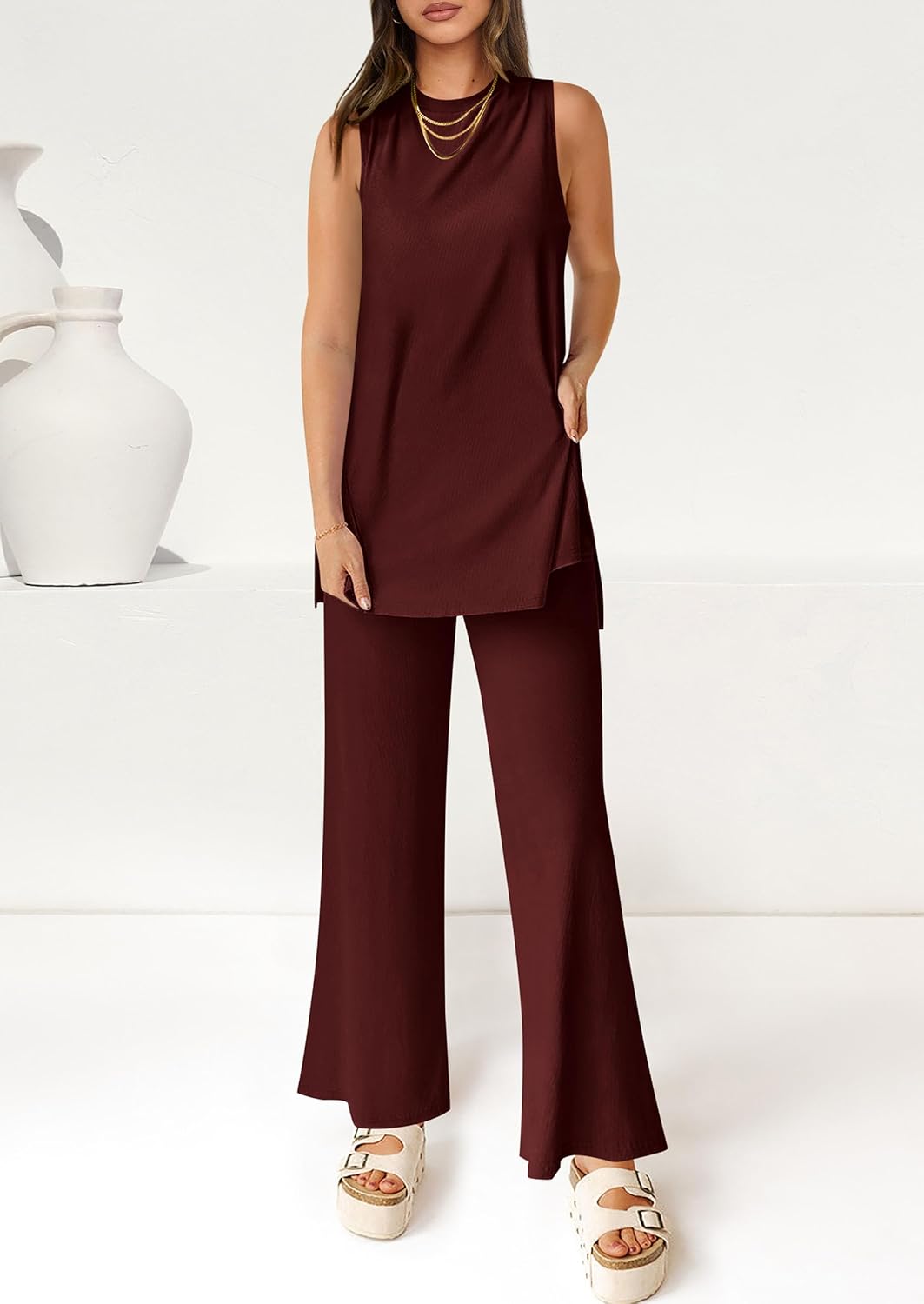 Women's Casual Loose Tank Top Wide Leg Pants 2 Piece Lounge Set