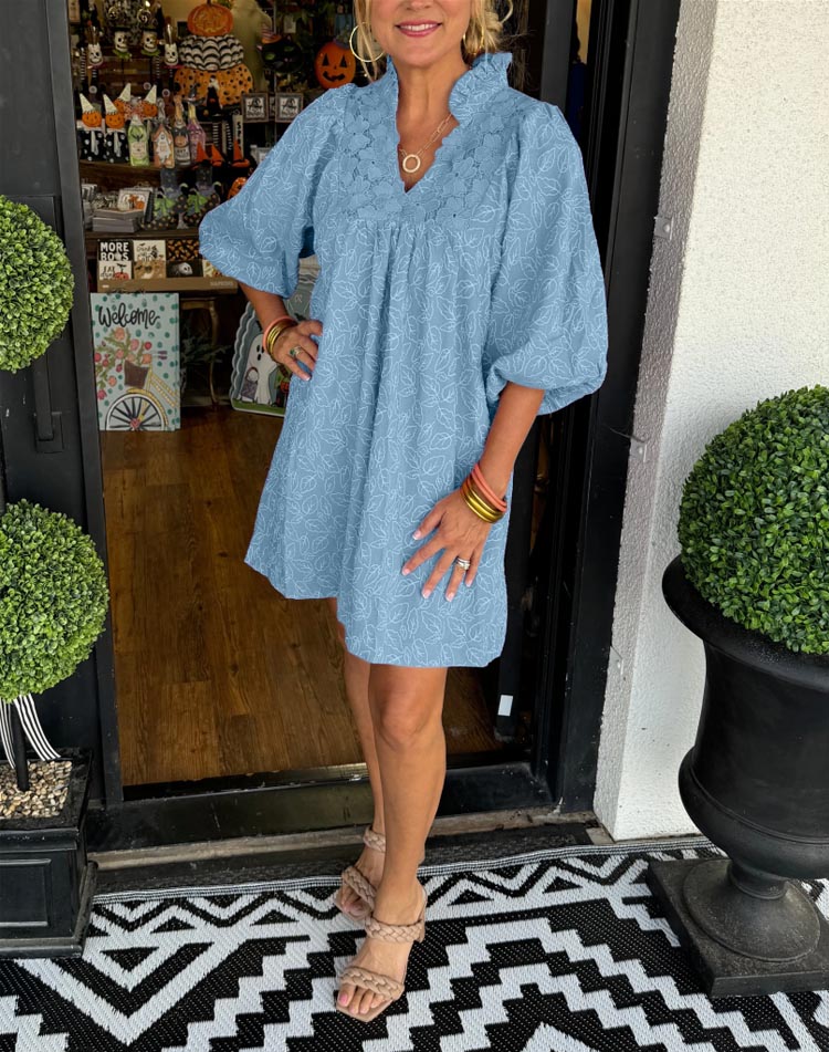 V-neck puff sleeve lace midi skirt (Buy 2 Free Shipping)