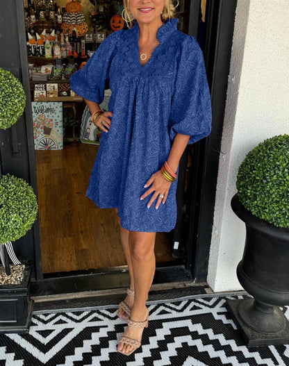 V-neck puff sleeve lace midi skirt (Buy 2 Free Shipping)