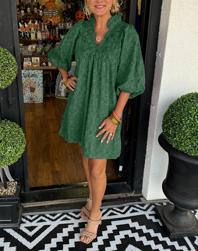 V-neck puff sleeve lace midi skirt (Buy 2 Free Shipping)