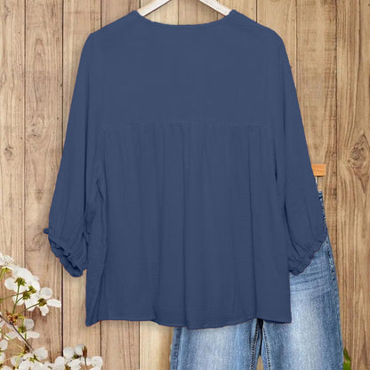 Women's 3/4 Puff Sleeve Blouse with Ruffled Cuffs & Pleated Details