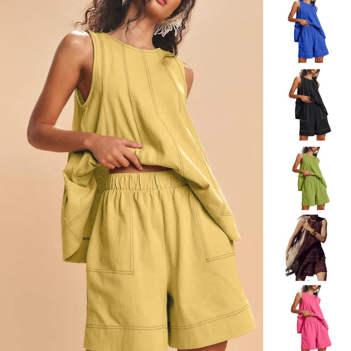 Women's Contrast Stitch 2-Piece Outfit, Sleeveless Tank Top & High Waist Shorts Set