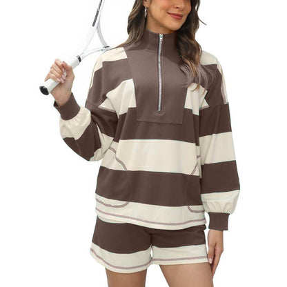 Women's Lounge Set 2 Piece Striped Long Sleeve Quarter Zip