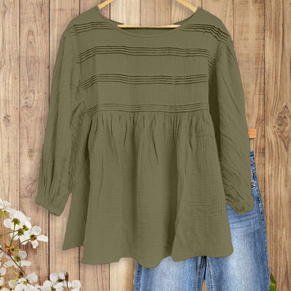 Women's 3/4 Puff Sleeve Blouse with Ruffled Cuffs & Pleated Details