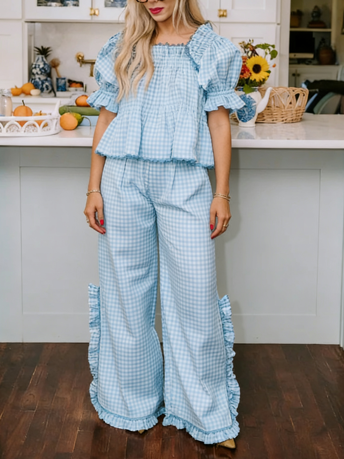 Women's Plaid Ruffle Puff Sleeve Pajamas Set