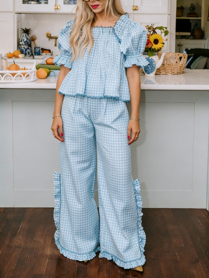 Women's Plaid Ruffle Puff Sleeve Pajamas Set