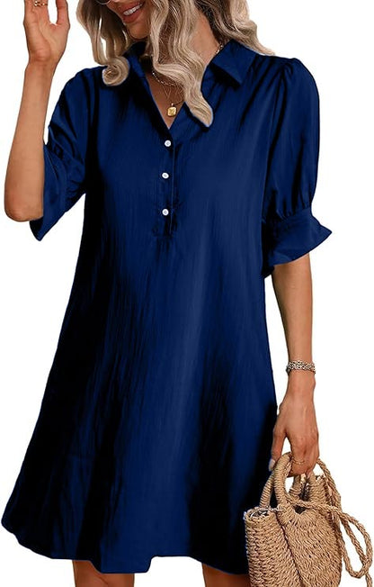 ✨Womens Casual Shirt Dress Ruffle Sleeve Solid Color Button Down