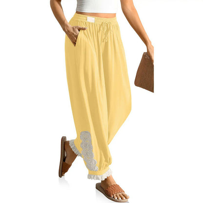 Women’s Boho Lace Trim Linen Harem Pants