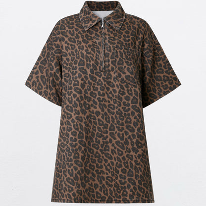 ⏰Hot Sale-Women's Leopard Print Half-Zip Denim Shirt Dress