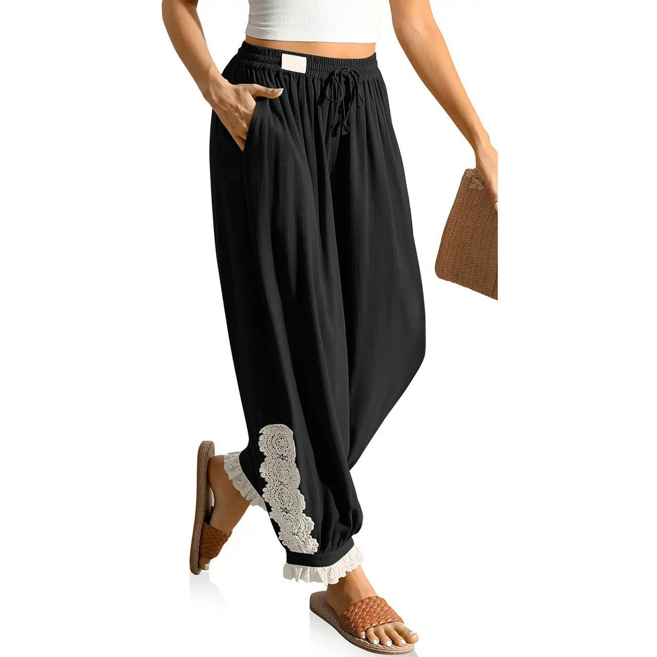 Women’s Boho Lace Trim Linen Harem Pants