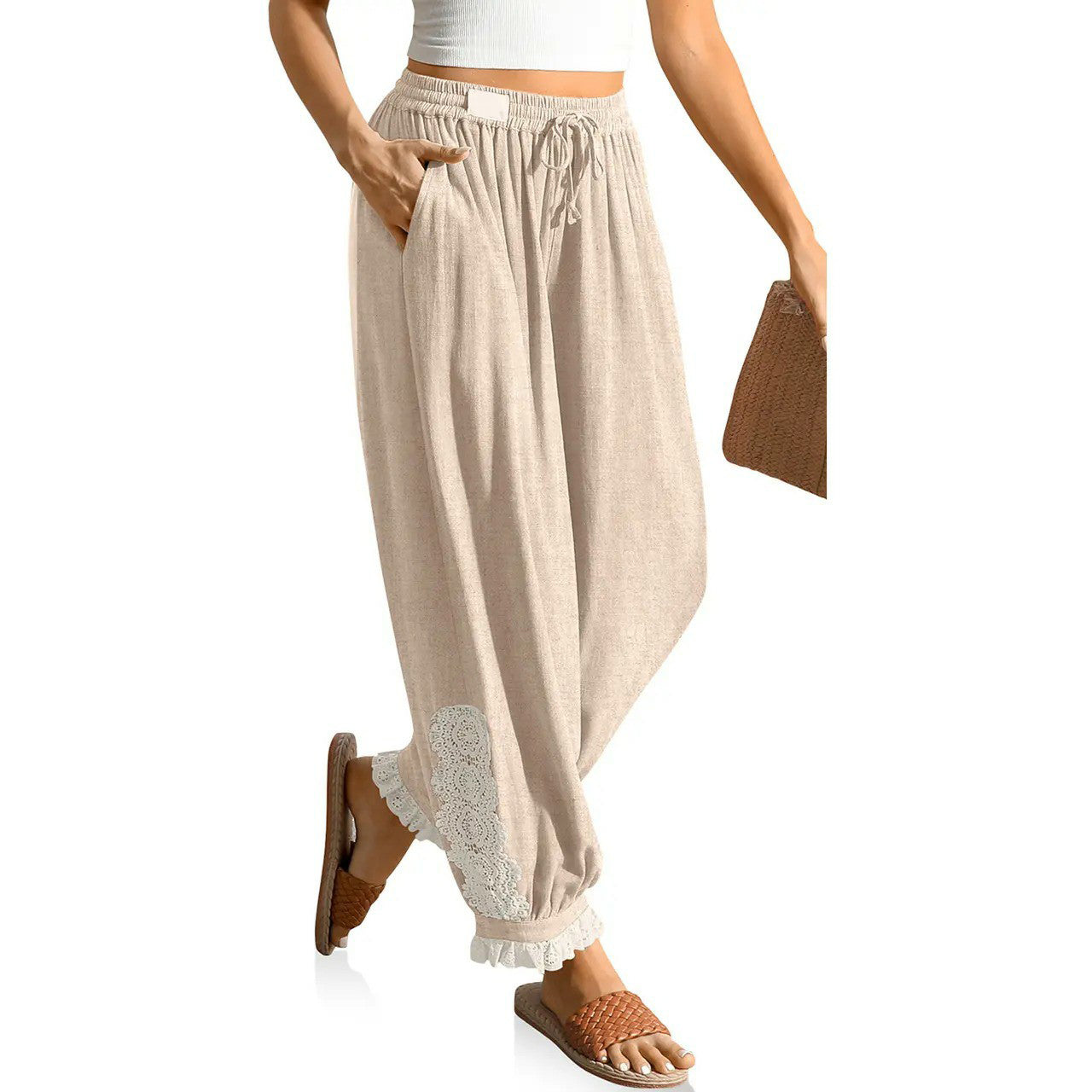 Women’s Boho Lace Trim Linen Harem Pants
